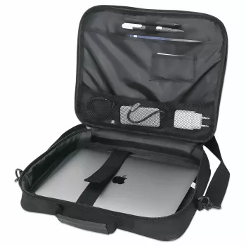 Manhattan Cambridge Laptop Bag 14.1 inch, Clamshell Design, Black, LOW COST, Accessories Pocket, Document Compartment on Back, Shoulder Strap (removable), Equivalent to Targus CN313/CN414EU, Notebook Case, Three Year Warranty
