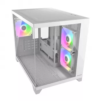 Mini Tower PC Case Cougar FV150 ARGB White — Micro-ATX / Mini-ITX, side window, 2x120mm + 1x120mm fans, 2.5 inch & 3.5 inch bays