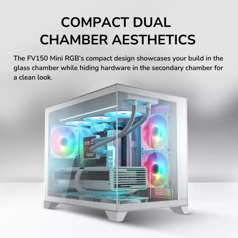 Mini Tower PC Case Cougar FV150 ARGB White — Micro-ATX / Mini-ITX, side window, 2x120mm + 1x120mm fans, 2.5 inch & 3.5 inch bays