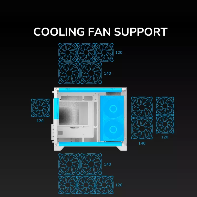 Mini Tower PC Case Cougar FV150 ARGB White — Micro-ATX / Mini-ITX, side window, 2x120mm + 1x120mm fans, 2.5 inch & 3.5 inch bays