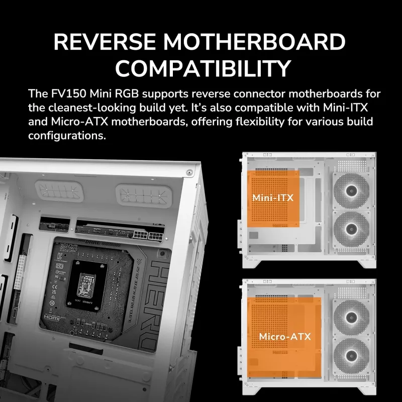 Mini Tower PC Case Cougar FV150 ARGB White — Micro-ATX / Mini-ITX, side window, 2x120mm + 1x120mm fans, 2.5 inch & 3.5 inch bays