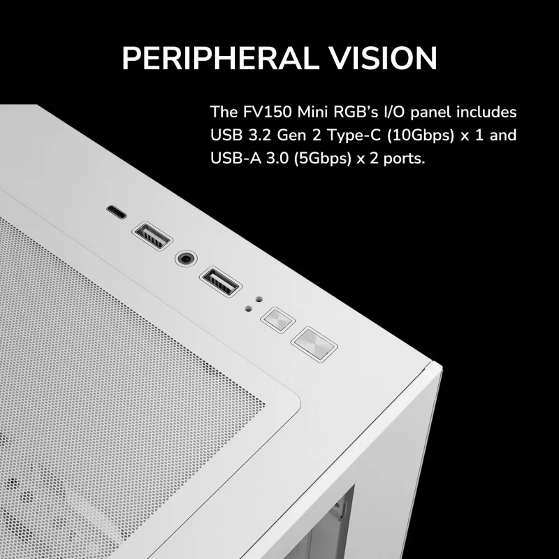 Mini Tower PC Case Cougar FV150 ARGB White — Micro-ATX / Mini-ITX, side window, 2x120mm + 1x120mm fans, 2.5 inch & 3.5 inch bays