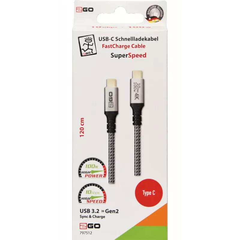 USB cable 2GO 797512 USB 3.2 Gen 2 1.2 m USB C Black Silver