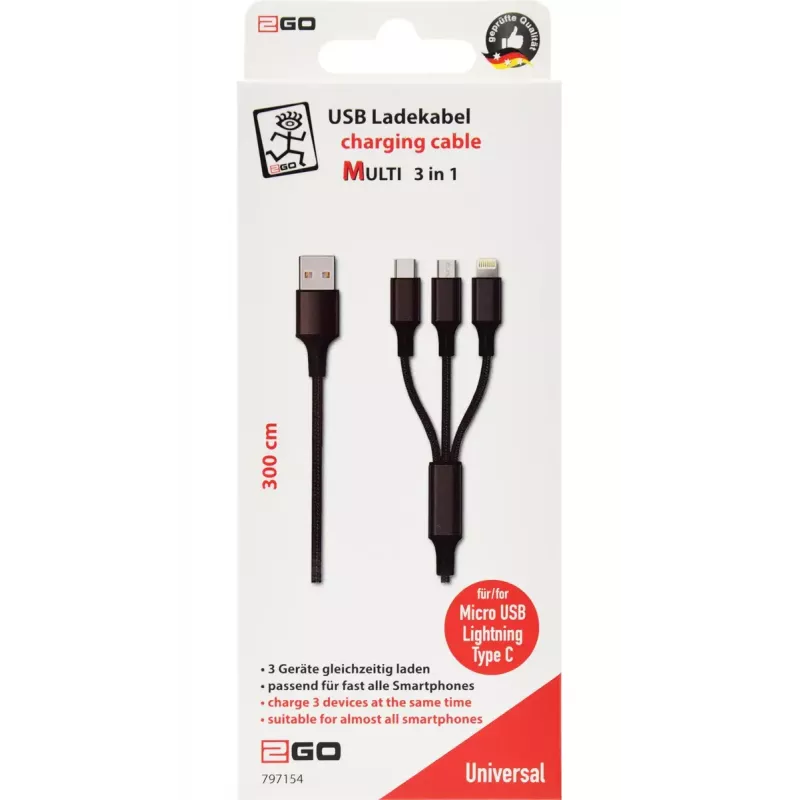 USB Cable 2GO 797154 3m USB B USB C/Micro-USB B/Lightning Black