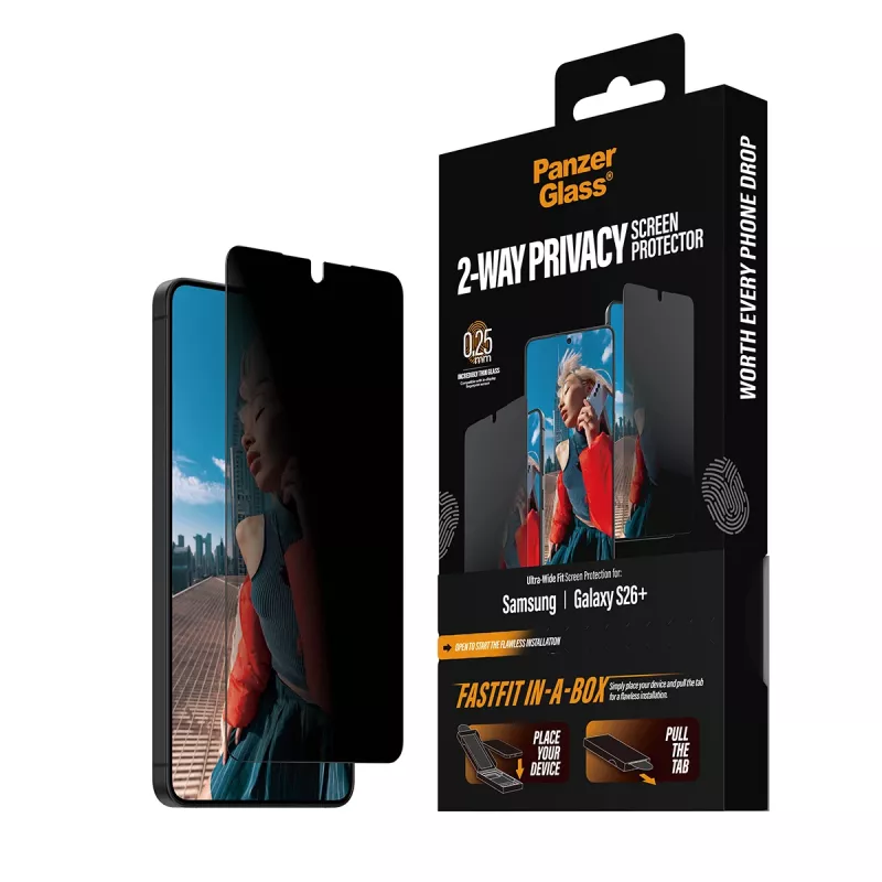 Screen protector PanzerGlass 2-Way Privacy for Samsung New Galaxy S 2026 Plus — Ultra-Wide PET with FASTFIT