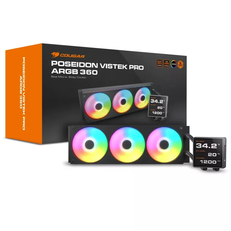 All-in-one CPU liquid cooler Cougar Poseidon Vistek Pro 360, ARGB, 120 mm fans, Black, multi-socket support