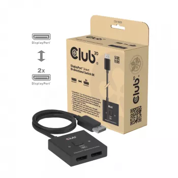 DisplayPort 2‑in‑1 Bi‑directional Switch CLUB3D CSV-1009 — 2x DisplayPort outputs, 8K@60Hz, black