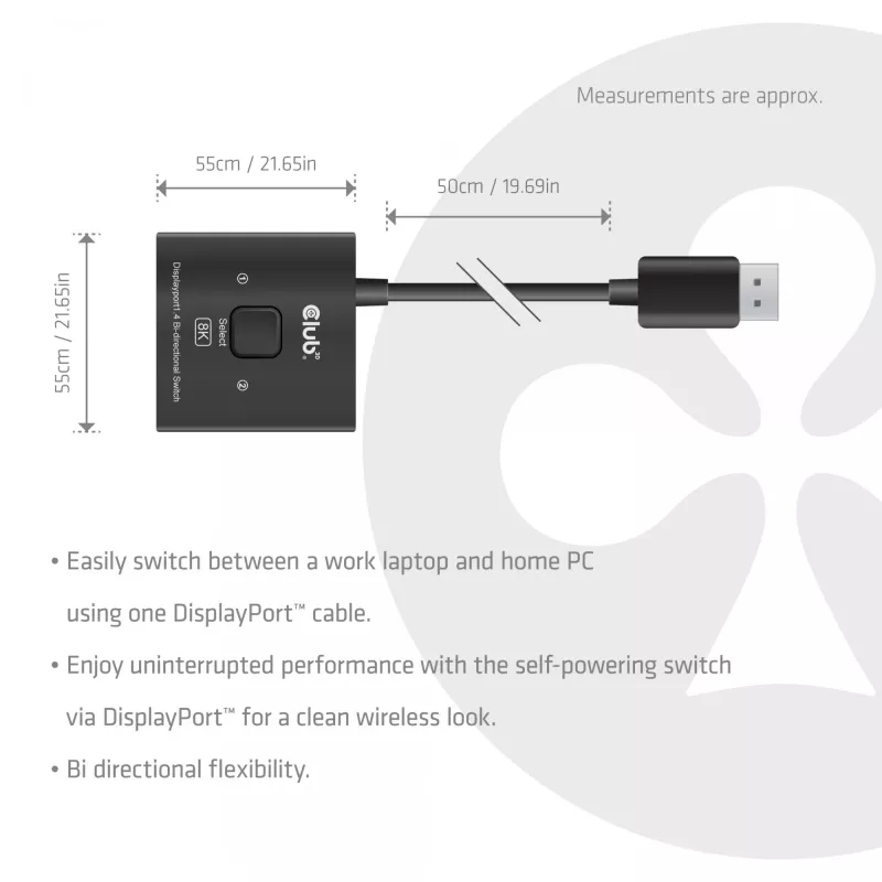 DisplayPort 2‑in‑1 Bi‑directional Switch CLUB3D CSV-1009 — 2x DisplayPort outputs, 8K@60Hz, black