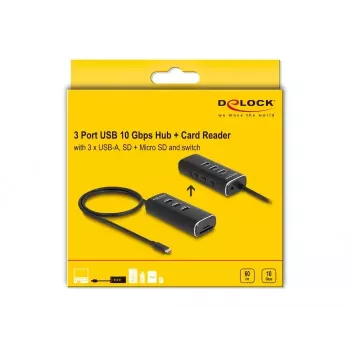 DeLOCK 3 Port USB Hub 10 Gbps with SD Micro SD Reader Type-C 60 cm Cable