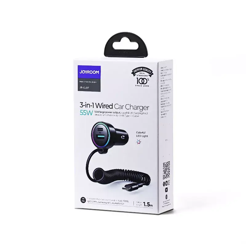 Car charger Joyroom JR-CL07 3-in-1 60W with built-in USB-C cable 1.6 m, black