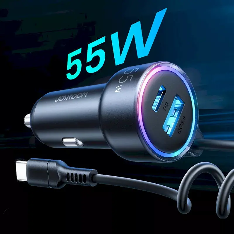 Car charger Joyroom JR-CL07 3-in-1 60W with built-in USB-C cable 1.6 m, black