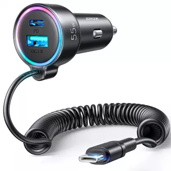 Car charger Joyroom JR-CL07 3-in-1 60W with built-in USB-C cable 1.6 m, black