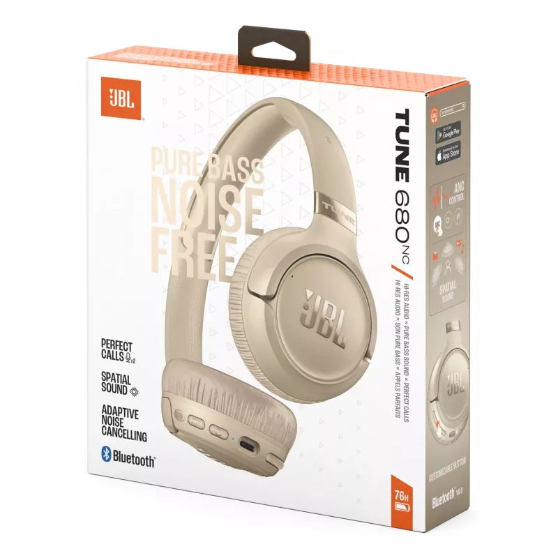 Headset JBL Tune 680NC, wired & wireless (Bluetooth, USB-C), supra-aural, head-band, beige, 20–20000 Hz, 161 g