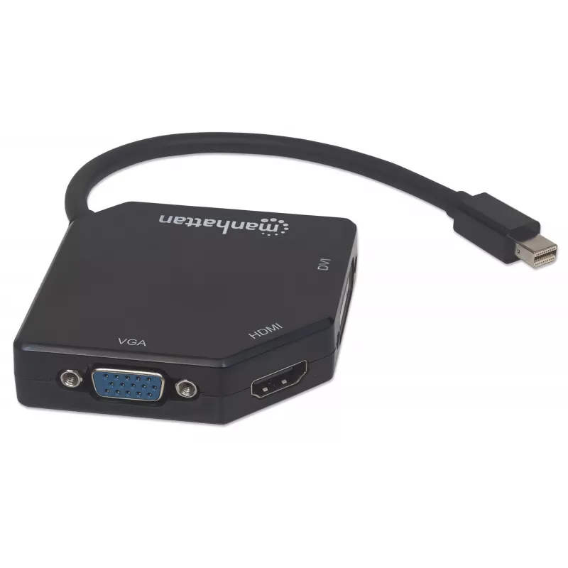 Manhattan Mini DisplayPort 1.2 to HDMI, DVI and VGA Adapter Cable (3-in-1), 25cm, Black, Male to Female, Passive, HDMI 4K@30Hz, VGA and DVI 1080p@60Hz, Equivalent to MDP2VGDVHD, Compatible with DVD-D, Three Year Warranty, Blister