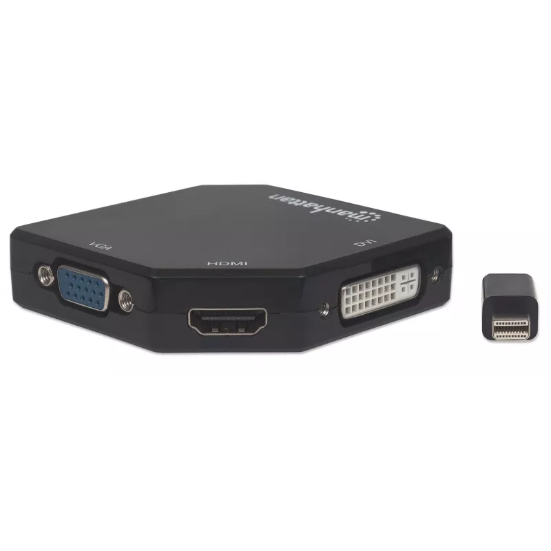 Manhattan Mini DisplayPort 1.2 to HDMI, DVI and VGA Adapter Cable (3-in-1), 25cm, Black, Male to Female, Passive, HDMI 4K@30Hz, VGA and DVI 1080p@60Hz, Equivalent to MDP2VGDVHD, Compatible with DVD-D, Three Year Warranty, Blister