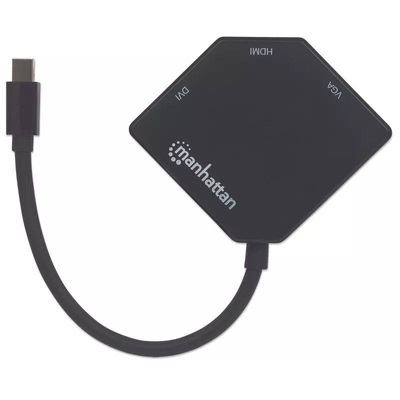 Manhattan Mini DisplayPort 1.2 to HDMI, DVI and VGA Adapter Cable (3-in-1), 25cm, Black, Male to Female, Passive, HDMI 4K@30Hz, VGA and DVI 1080p@60Hz, Equivalent to MDP2VGDVHD, Compatible with DVD-D, Three Year Warranty, Blister