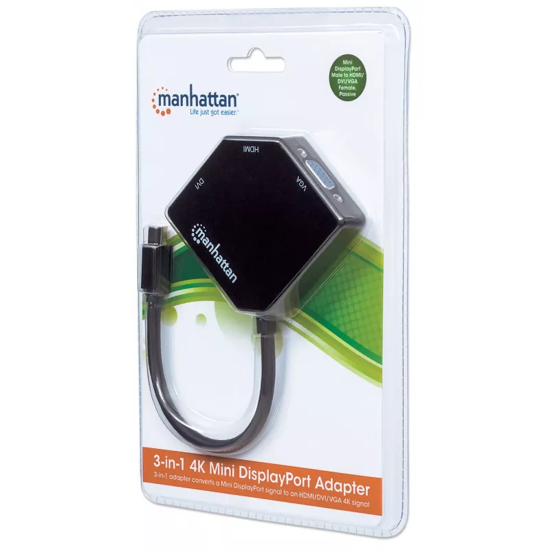 Manhattan Mini DisplayPort 1.2 to HDMI, DVI and VGA Adapter Cable (3-in-1), 25cm, Black, Male to Female, Passive, HDMI 4K@30Hz, VGA and DVI 1080p@60Hz, Equivalent to MDP2VGDVHD, Compatible with DVD-D, Three Year Warranty, Blister
