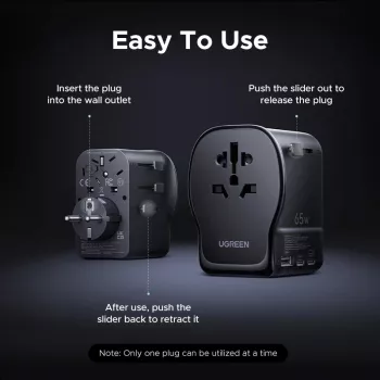 AC indoor mobile device charger UGREEN 55001 — 2× USB-C, 100–240V, fast charging, black/grey