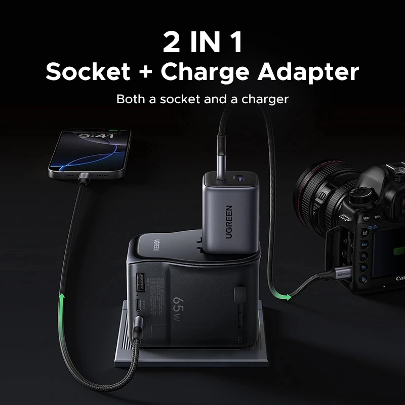 AC indoor mobile device charger UGREEN 55001 — 2× USB-C, 100–240V, fast charging, black/grey