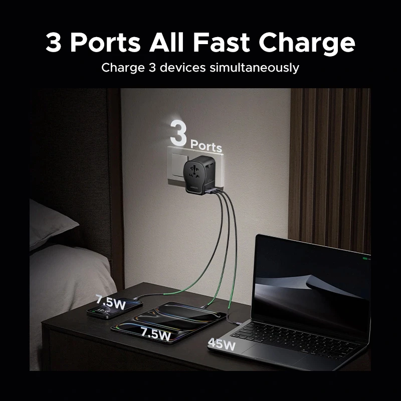 AC indoor mobile device charger UGREEN 55001 — 2× USB-C, 100–240V, fast charging, black/grey