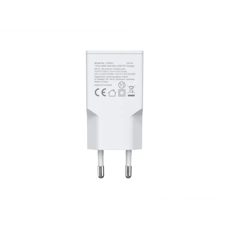 Wall charger EQUIP 1-Port 20W GaN USB-C PD — 100–240V input, 12V max output, white
