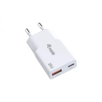 EQUIP 2‑Port 20W GaN Slim USB PD Charger — USB‑C x1, USB‑A x1, Input 100–240V, Max Output 12V, White