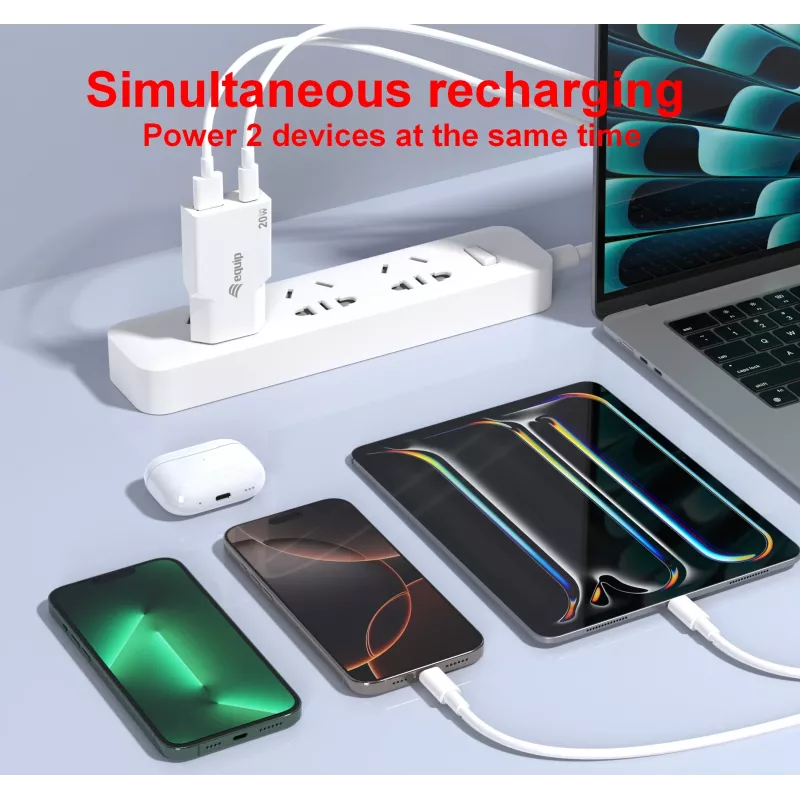 EQUIP 2‑Port 20W GaN Slim USB PD Charger — USB‑C x1, USB‑A x1, Input 100–240V, Max Output 12V, White