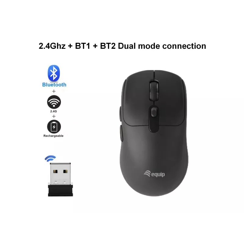 EQUIP Ambidextrous 6-Button Dual Mode Wireless Mouse, Optical 1600 DPI, RF + Bluetooth, Black