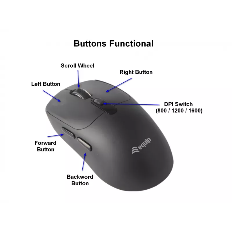 EQUIP Ambidextrous 6-Button Dual Mode Wireless Mouse, Optical 1600 DPI, RF + Bluetooth, Black
