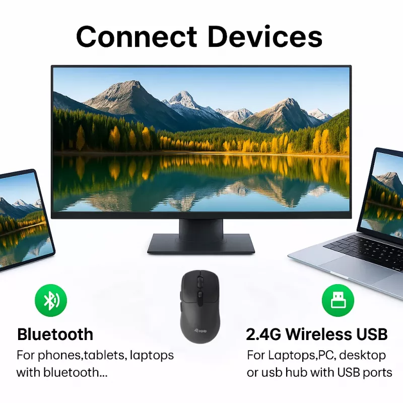 EQUIP Ambidextrous 6-Button Dual Mode Wireless Mouse, Optical 1600 DPI, RF + Bluetooth, Black