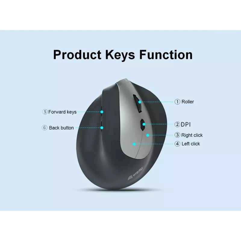 EQUIP ergonomic right-hand vertical wireless mouse 1600 DPI, RF Wireless + Bluetooth, rechargeable, 6 buttons, black