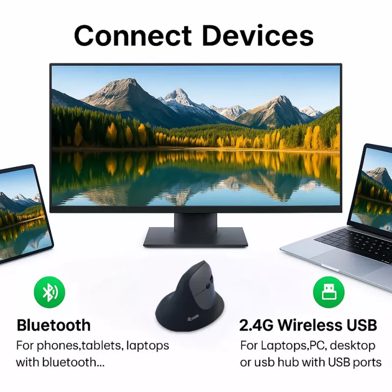EQUIP ergonomic right-hand vertical wireless mouse 1600 DPI, RF Wireless + Bluetooth, rechargeable, 6 buttons, black