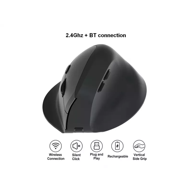 EQUIP ergonomic right-hand vertical wireless mouse 1600 DPI, RF Wireless + Bluetooth, rechargeable, 6 buttons, black
