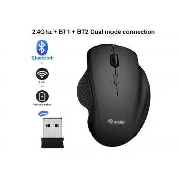 EQUIP 6-button dual-mode rechargeable wireless mouse — right-hand, optical 1600 DPI, RF Wireless + Bluetooth, black