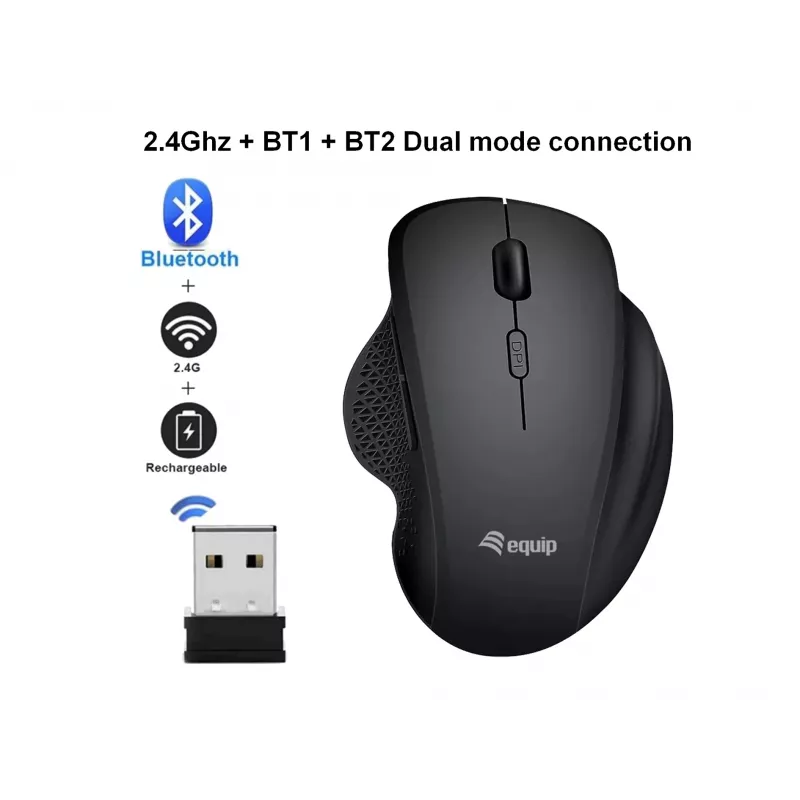 EQUIP 6-button dual-mode rechargeable wireless mouse — right-hand, optical 1600 DPI, RF Wireless + Bluetooth, black