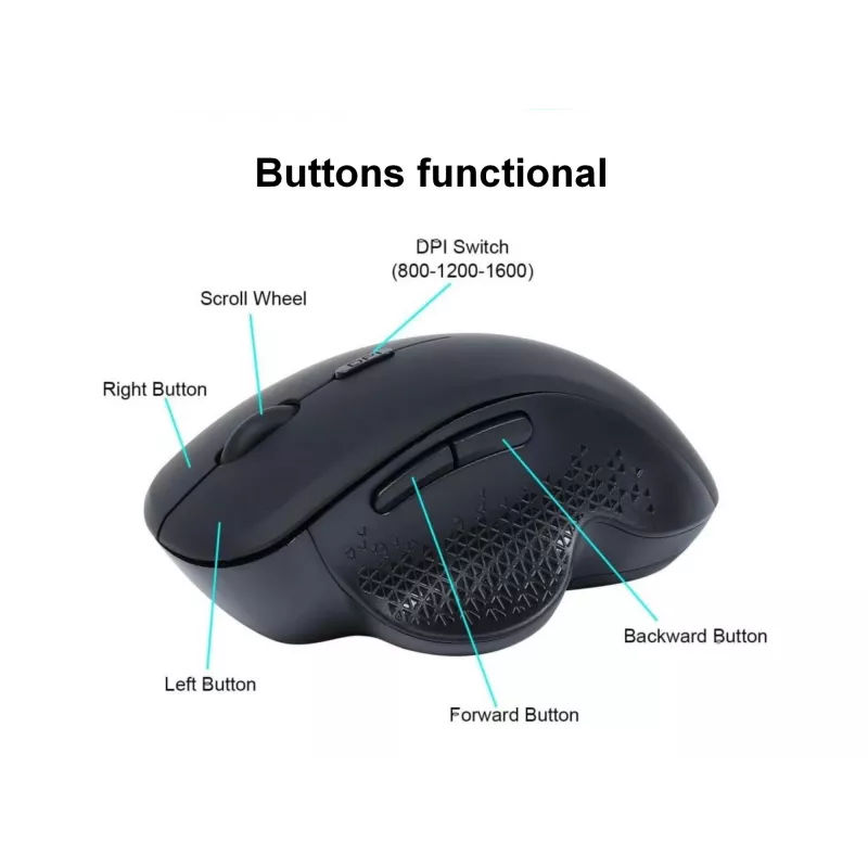 EQUIP 6-button dual-mode rechargeable wireless mouse — right-hand, optical 1600 DPI, RF Wireless + Bluetooth, black