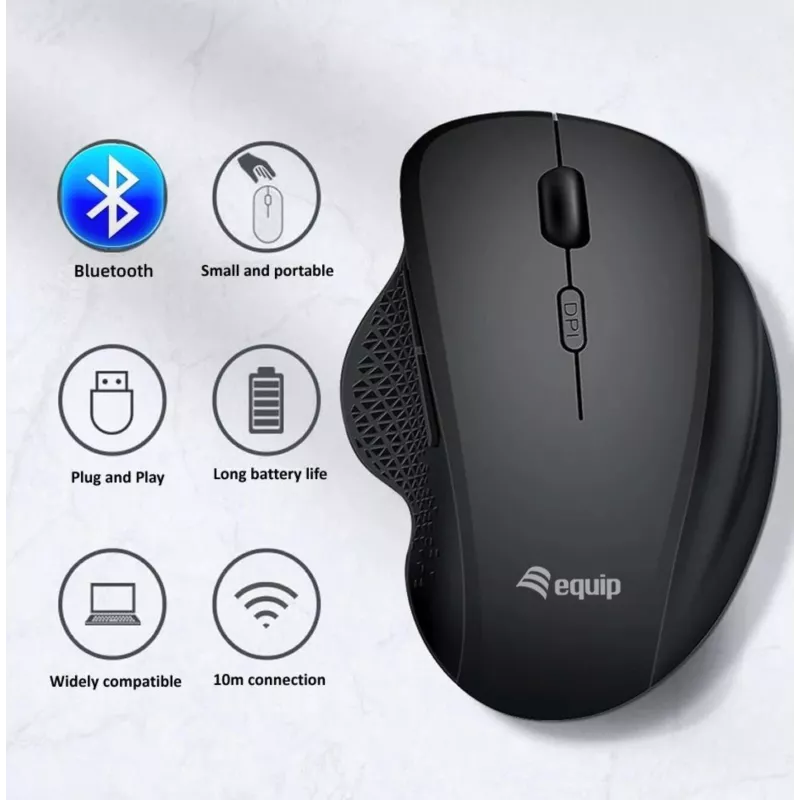 EQUIP 6-button dual-mode rechargeable wireless mouse — right-hand, optical 1600 DPI, RF Wireless + Bluetooth, black