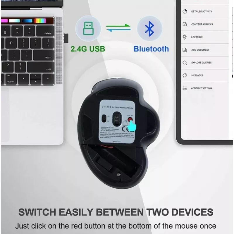 EQUIP 6-button dual-mode rechargeable wireless mouse — right-hand, optical 1600 DPI, RF Wireless + Bluetooth, black