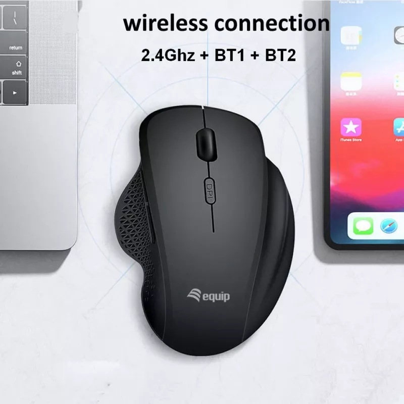 EQUIP 6-button dual-mode rechargeable wireless mouse — right-hand, optical 1600 DPI, RF Wireless + Bluetooth, black