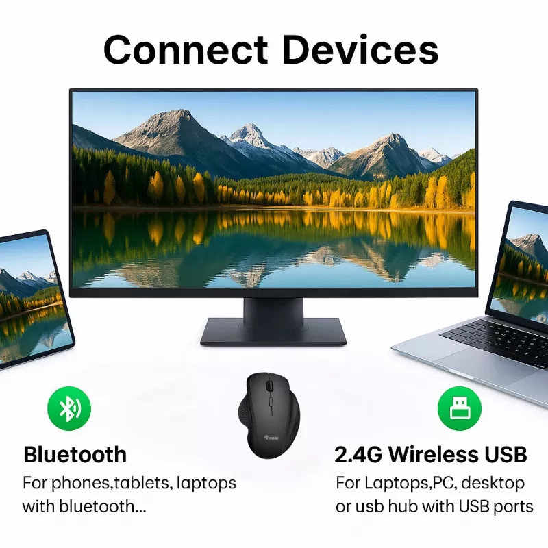 EQUIP 6-button dual-mode rechargeable wireless mouse — right-hand, optical 1600 DPI, RF Wireless + Bluetooth, black