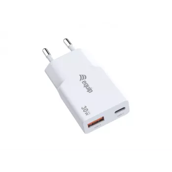 EQUIP 2-Port 30W GaN Slim USB PD Charger — USB‑C x1, USB‑A x1, 100–240V input, max 20V output, white