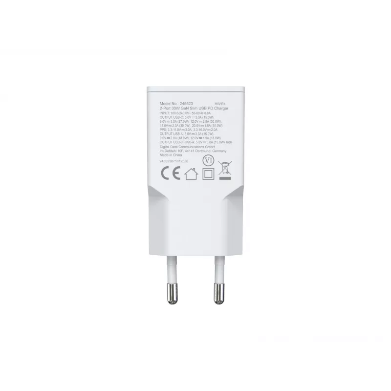 EQUIP 2-Port 30W GaN Slim USB PD Charger — USB‑C x1, USB‑A x1, 100–240V input, max 20V output, white