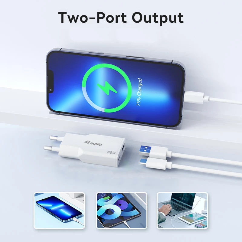EQUIP 2-Port 30W GaN Slim USB PD Charger — USB‑C x1, USB‑A x1, 100–240V input, max 20V output, white