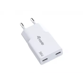 EQUIP 2-Port 30W GaN Slim USB-C PD Charger — 2 USB-C ports, 100–240V input, max 20V output, white