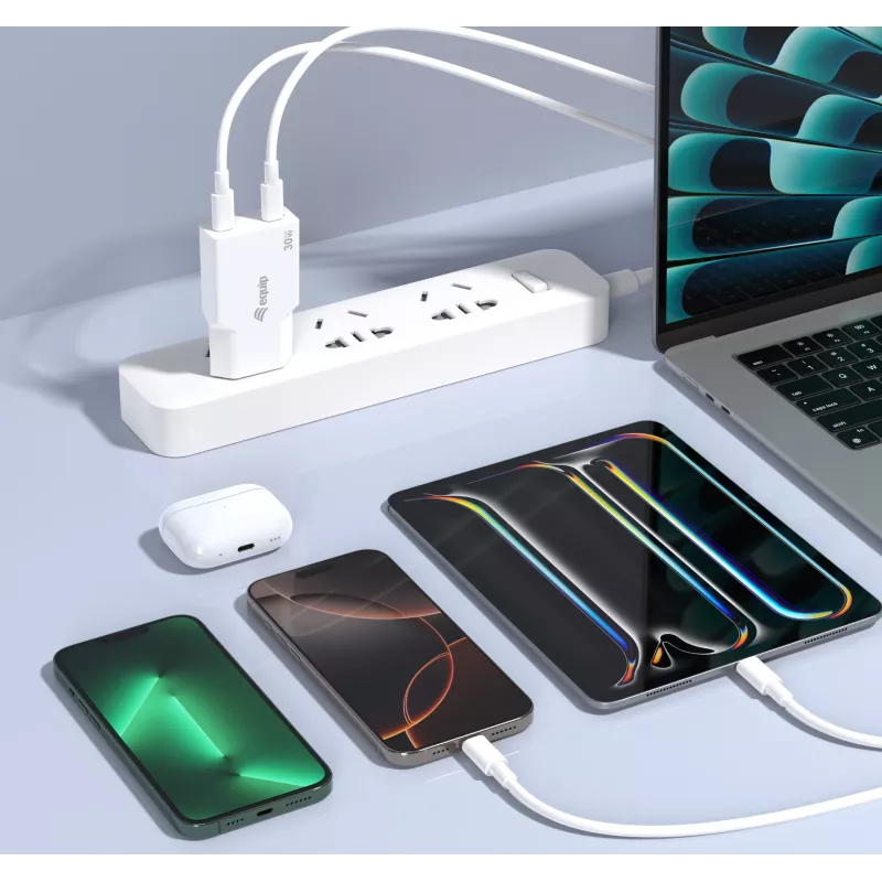 EQUIP 2-Port 30W GaN Slim USB-C PD Charger — 2 USB-C ports, 100–240V input, max 20V output, white