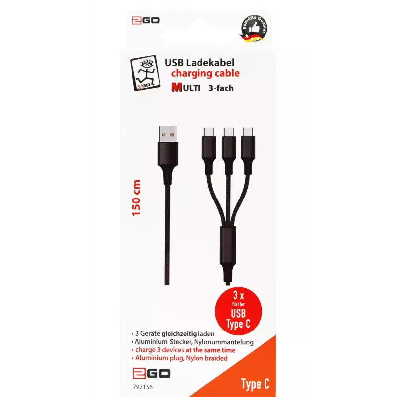 USB Cable 2GO 797156 1.5m USB B 3 x USB C Black