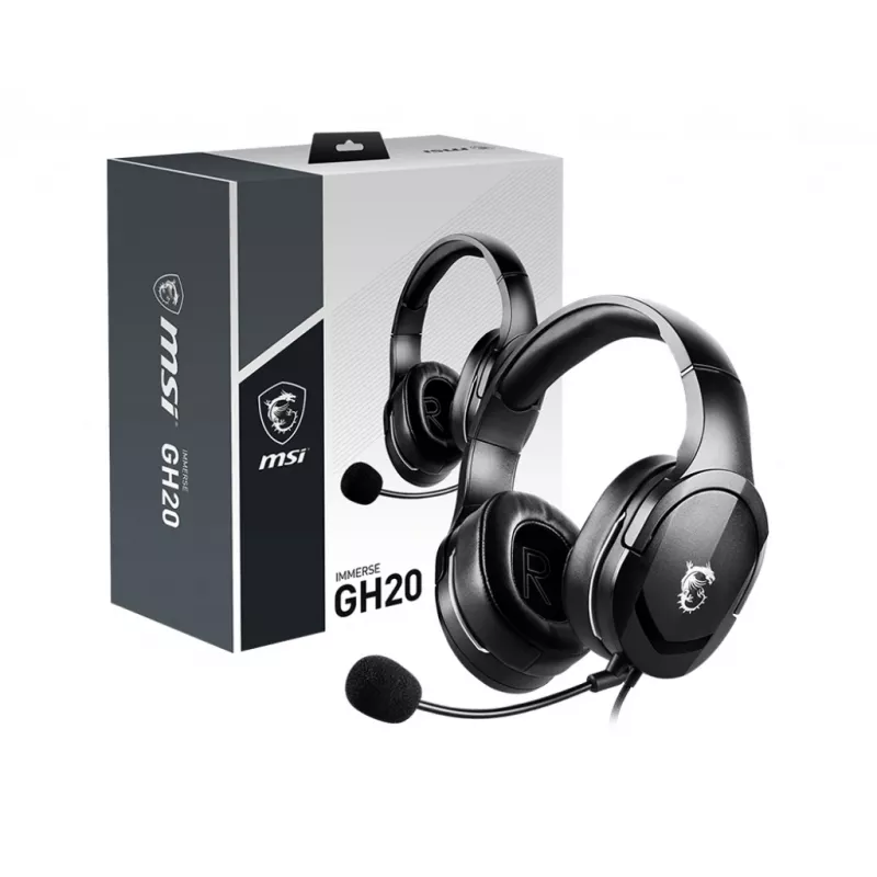MSI IMMERSE GH20 Gaming Headset '3.5mm inline with audio splitter accessory, Black, 40mm Drivers, Unidirectional Mic, PC & Cross-Platform Compatibility'