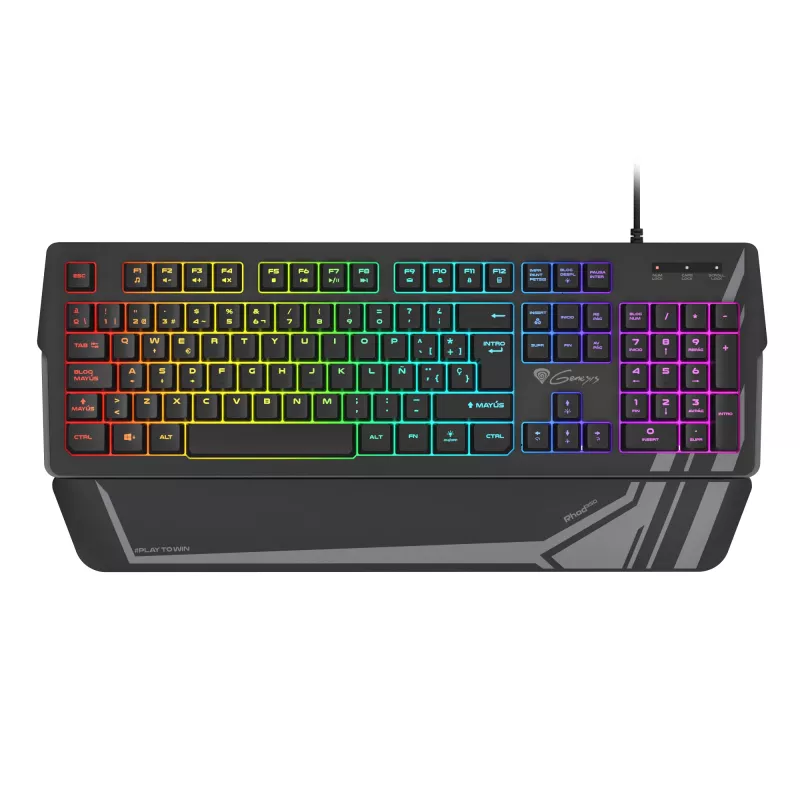 Gaming keyboard GENESIS Rhod 350 RGB — Full-size 104-key USB QWERTY Spanish, Black, RGB backlight, wrist rest