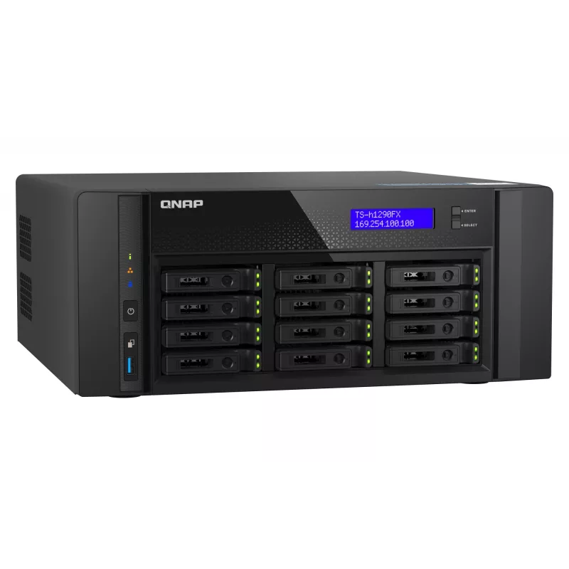 NAS Tower QNAP TS-h1290FX — EPYC 7302P 3.0 GHz, 128 GB DDR4, 12-bay, QuTS hero, Black