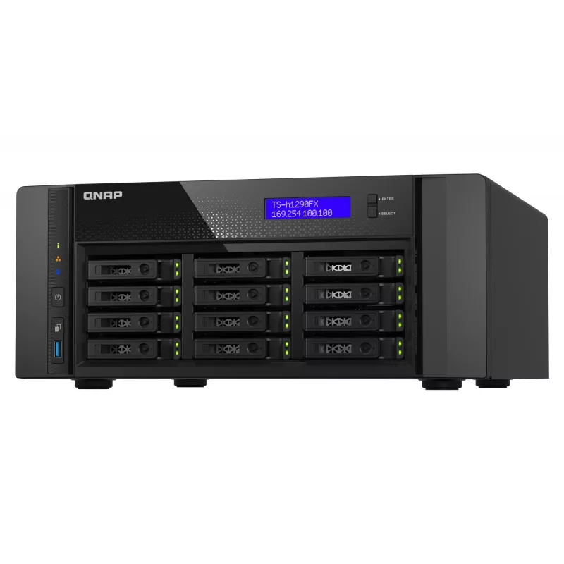 NAS Tower QNAP TS-h1290FX — EPYC 7302P 3.0 GHz, 128 GB DDR4, 12-bay, QuTS hero, Black